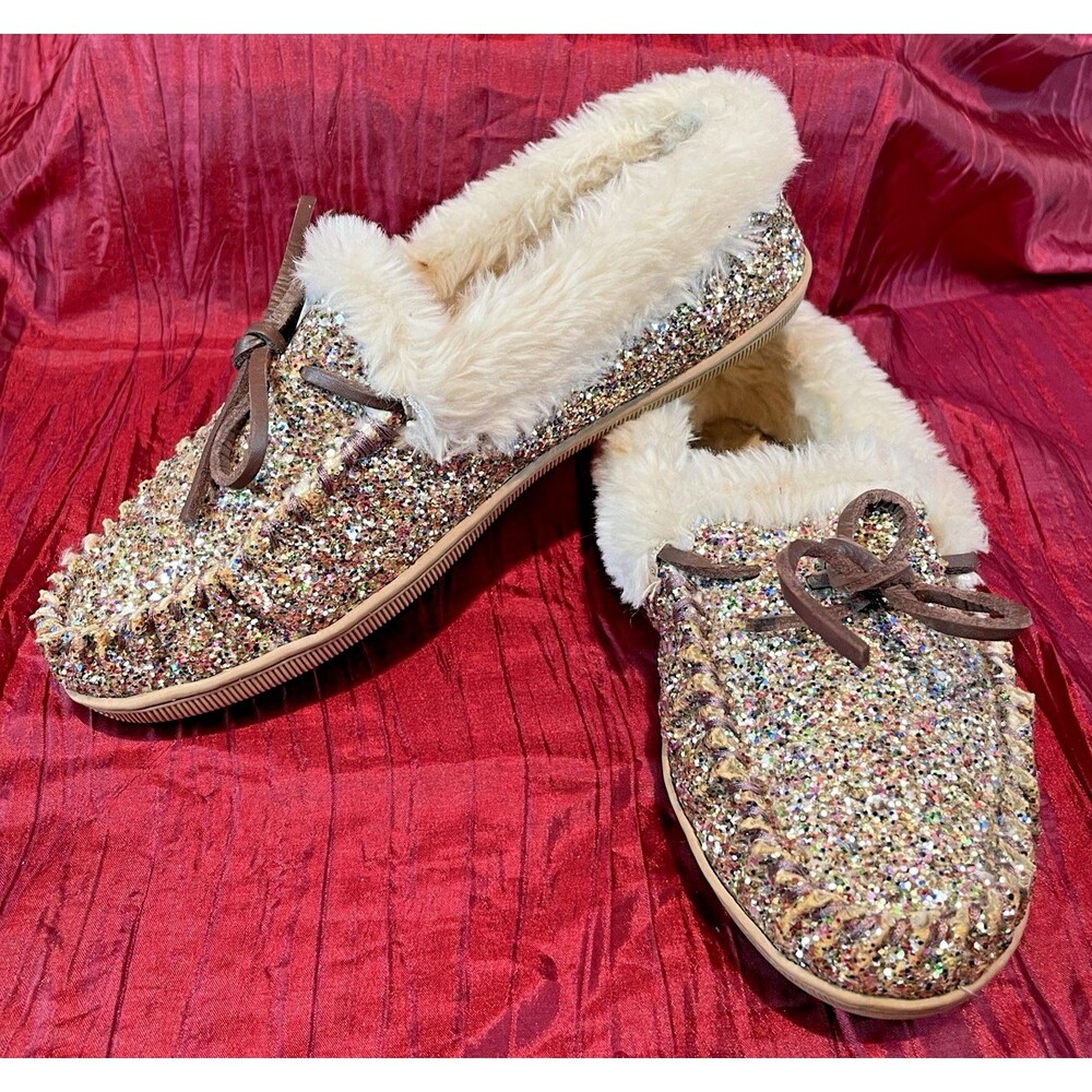 Womens J.Crew Glitter Faux-Shearling House Slippers Moccasins sz 8
